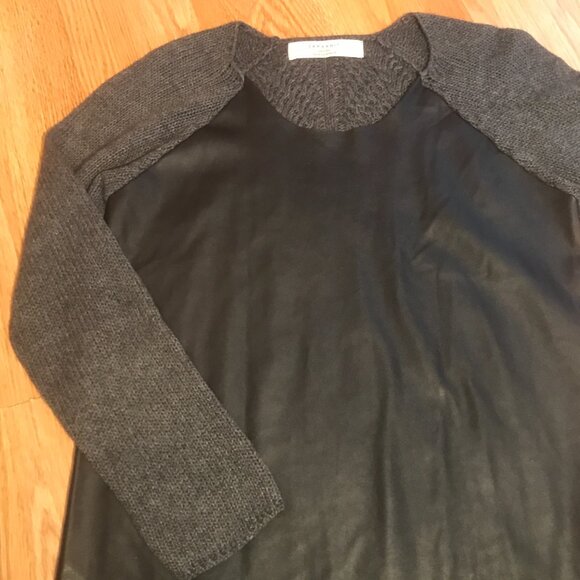 ZARA Mixed Media Faux Leather Knit Crochet Long Tunic Sweater Black Gray Medium - Picture 4 of 11